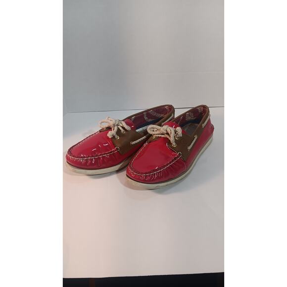 Sperry TopSider Women 9M Boat Shoes Red Patent Leather Tan Suede Nautical Preppy - Picture 2 of 4